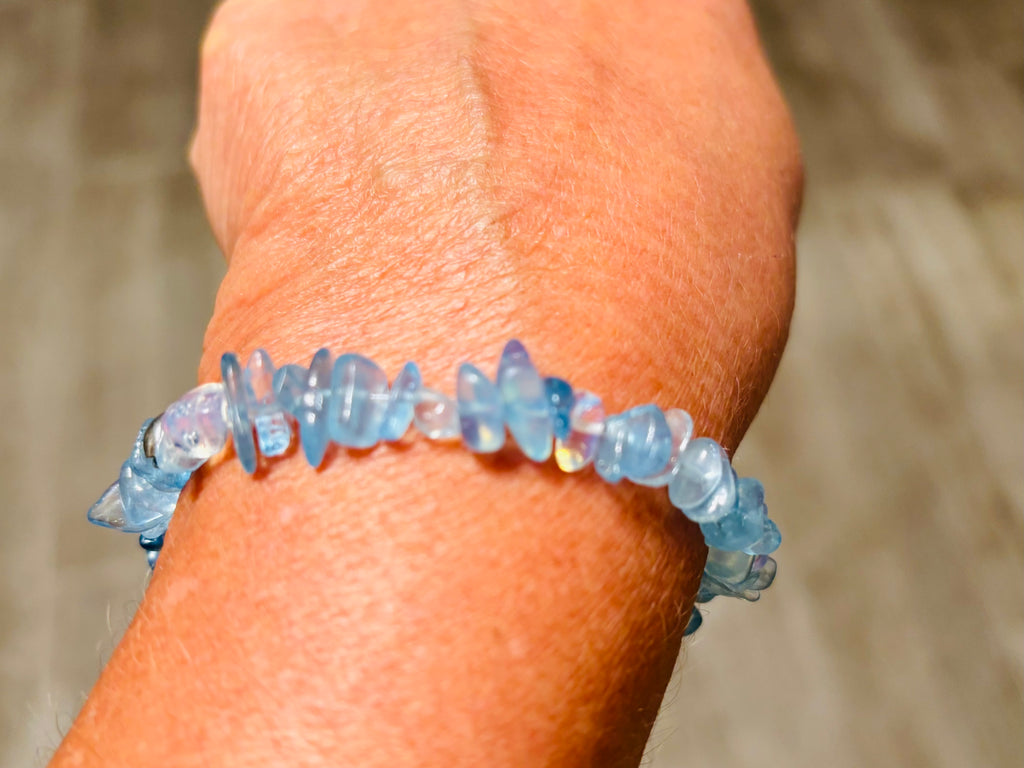 Natural Aquamarine Chip Beads & Opalite Stretch Bracelet & Earrings Set
