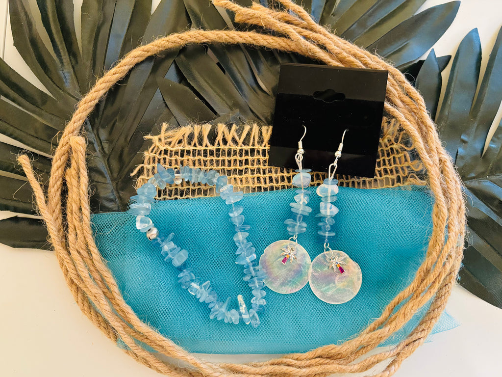 Natural Aquamarine Chip Beads & Opalite Stretch Bracelet & Earrings Set